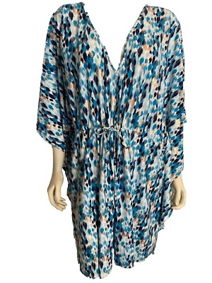 Cobertura curta La Blanca branca, azul, bronze estampa gola V tamanho 3X nova com etiquetas - Imagem 1 de 4