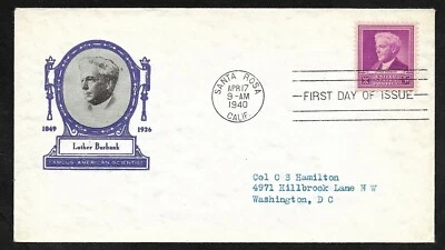 #876 3c Famous Americans - Scientist - Luther Burbank  - Ioor FDC  - Image 1 of 2