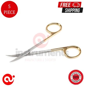 5 pcs Iris Scissors Super Cut Fine Gold Handle Curved 4.5" surgical instrument - Picture 1 of 2