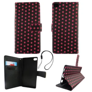 Etui ochronne na Huawei P8 Polka Dot Czarne Różowe Cover Case Wallet Book Style - Zdjęcie 1 z 2