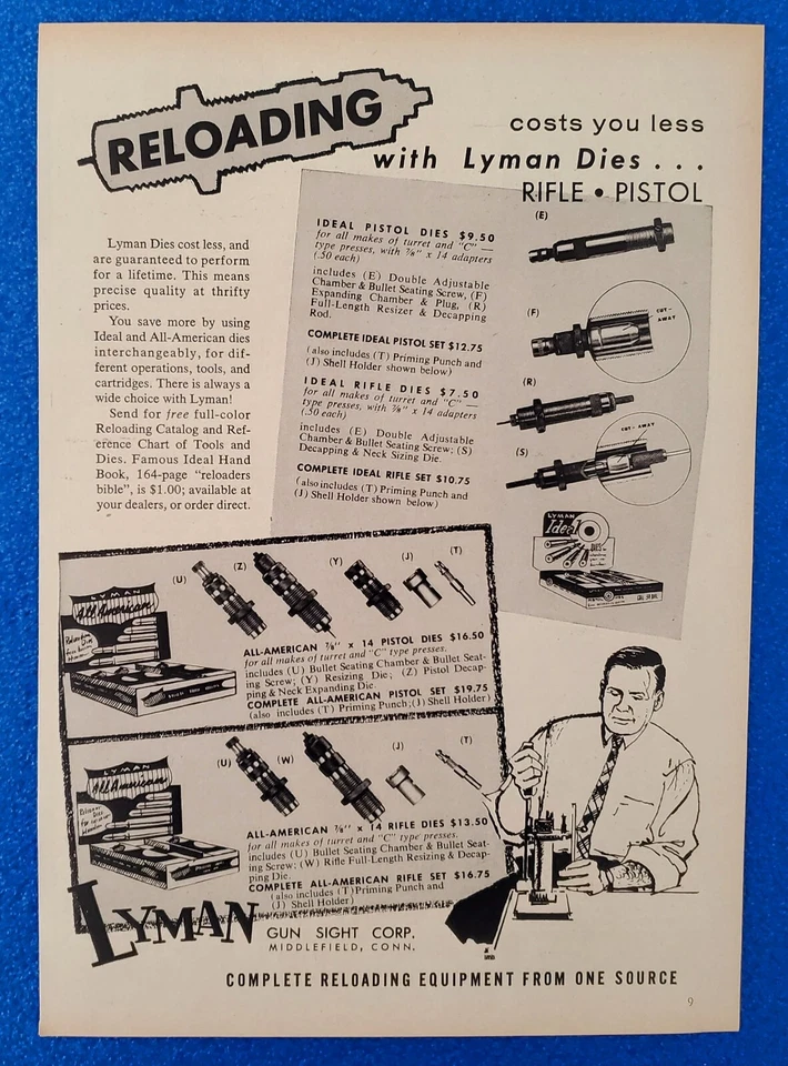 Lyman 1957 troqueles de recarga y equipo anuncio impreso original pistolas/munición/rifles Foto 1 de 1