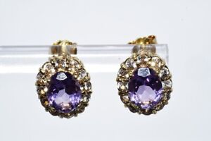 $500 2.75CT NATURAL PURPLE AMETHYST & WHITE TOPAZ CLUSTER HALO EARRINGS SILVER