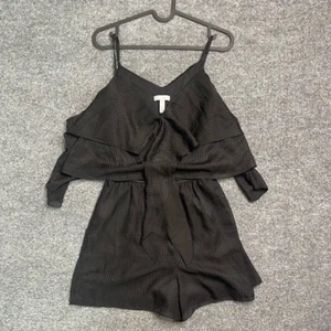 Leith Womens Romper Black Geometric Stripe Cold Shoulder V Neck Tie Front S - Picture 1 of 5