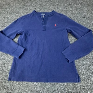 Ralph Lauren Polo Boys Large 14-16 Henley Shirt Navy Blue Long Sleeve Red Pony - Picture 1 of 11