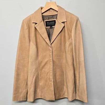 Vintage Y2K Wilsons Blazer Jacket Womens 8 Tan Nubuck Leather Minimalist Chic - Image 1 of 4