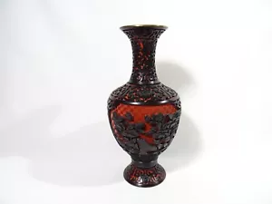 ANTIQUE CHINESE BLACK & RED CINNABAR LACQUER VASE - Picture 1 of 12