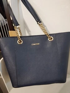 Calvin Klein Hayden Saffiano Leather Top Zip Chain Tote Navy Blue NWOT - Picture 1 of 6
