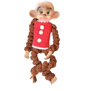 Vintage Rubber Face Sad Crying Monkey Knit Crochet Brown Green Eyes 15" Doll - Picture 1 of 8