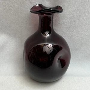 Amethyst Glass Hand Blown Pinched Bottle Ruffled Lip Top - Picture 1 of 11