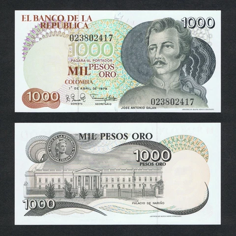 1979 COLOMBIA 1,000 1000 PESOS P-421a UNC JOSE ANTONIO GALAN NARINO PALACE Cover