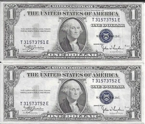 1935 US $ 1 EIN DOLLAR SILBERZERTIFIKATE, 2 aufeinanderfolgende Zahlen - Bild 1 von 2