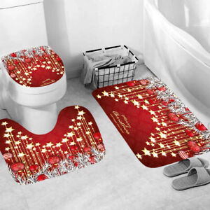 Merry Christmas Shower Curtain Bathroom Rug Set Thick Bath Mat Toilet Lid Cover