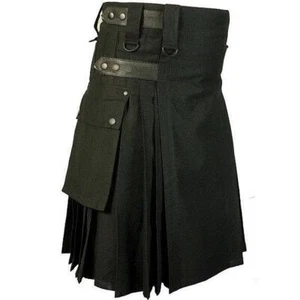 Black Cotton Utility Tactical Cargo Pockets Kilt for Men - Picture 1 of 4