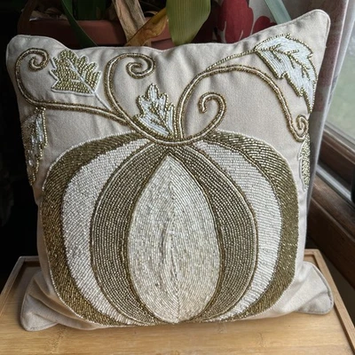 PIER 1 PUMPKIN SEQUIN PILLOW 15" Gold & White On Linen - Image 1 of 4