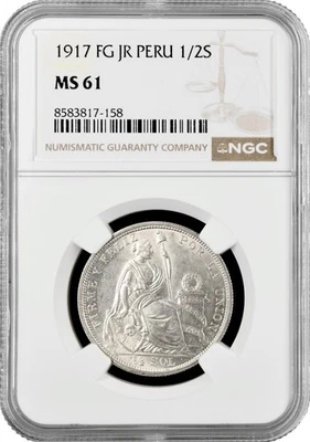 Peru 1/2 sol 1917 FG JR, NGC MS61, "Republic of Peru (1863 - 1917)" silver coin - Image 1 of 2