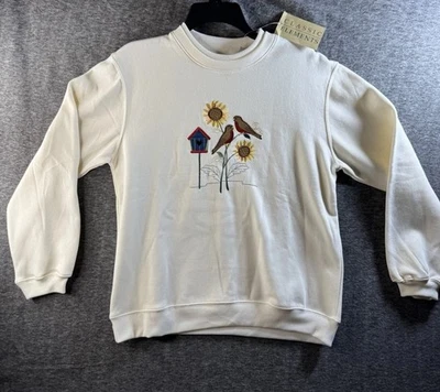 Moletom vintage pássaros gola redonda bordado gráfico pulôver branco tamanho pequeno - Imagem 1 de 4