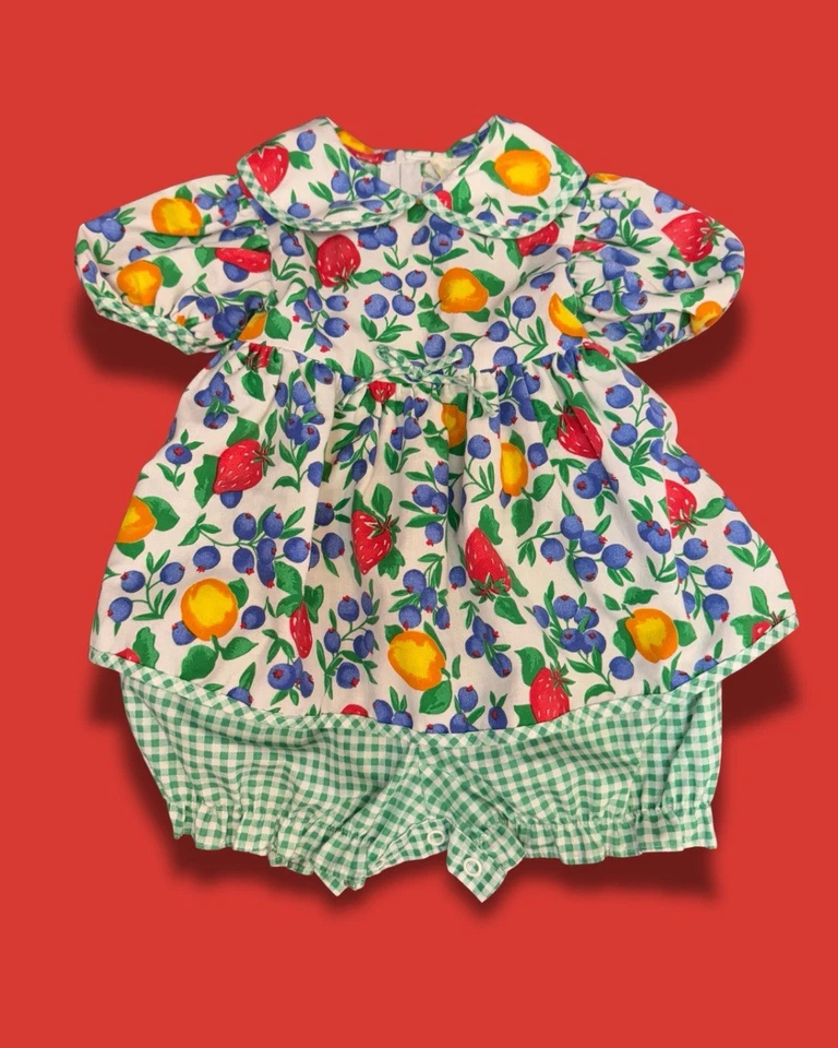 Vestido mameluco vintage para bebé AOP burbuja de frutas con lazo y pantalones cortos Bloomer adjuntos Foto 1 de 3