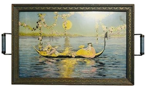 Vtg Art Nouveau Venetian Scene Lithograph Gold Emboss Glass Framed Vanity Tray - Picture 1 of 7