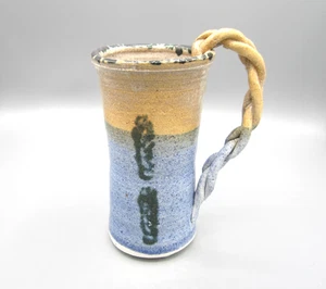Hand Made Unique Blue & Earth Colors Signed Twisted Handle Mug 14 oz (A01) - Picture 1 of 6