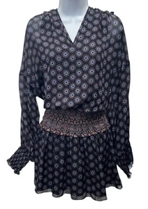 Ramy Brook Silk Mini Dress M Blue Patten Smocked Waist Long Sleeve V-Neck Lined - Picture 1 of 8