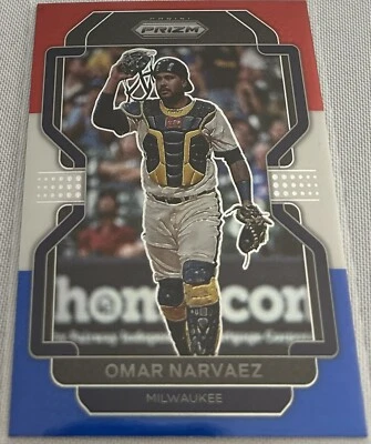 2021 Prizm Baseball Omar Narvaez Milwaukee Brewers Red White & Blue Prizm #217 - Image 1 of 3