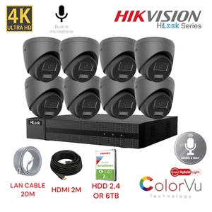 HiLook 8MP 4K ColorVu PoE NVR CCTV System 2Way Audio IP Cameras Outdoor Kit Grey - Picture 1 of 22