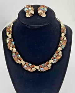 Vintage Lisner Gold Tone Aurora Borealis Rhinestone Necklace Earrings AS IS - Picture 1 of 20