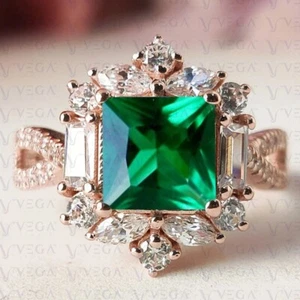 4.70ct Princess Shape Natural Emerald Gemstones Diamond Ring Real 14K Rose Gold - Picture 1 of 18