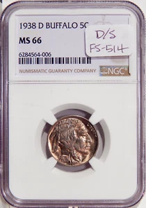 1938-D 5c NGC MS 66 FS-514 ~ BUFFALO NICKEL D/S OMM VARIETY - Picture 1 of 2