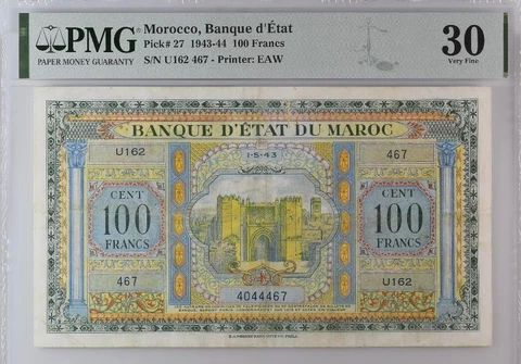 Morocco 100 Francs 1943-44 P.#27 PMG 30 Very Fine Cover
