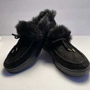 Damenschuhe schwarze Wildleder-Hausschuhe mit Kunstfellbesatz markenlos Größe US 10 - Bild 1 von 9
