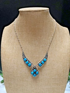 Vintage Southwest Navajo Sterling Silver Cluster Turquoise Pendant Necklace - Picture 1 of 17