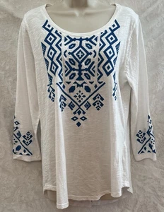 LUCKY BRAND Women’s EMBROIDERED BOHO Top~LARGE~3/4 Sleeve COTTON White/Blue NWoT - Picture 1 of 7
