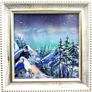 Original Ölgemälde Winterlandschaft kleines gerahmtes Gemälde 4x4 Zoll bestes Geschenk - Bild 1 von 9