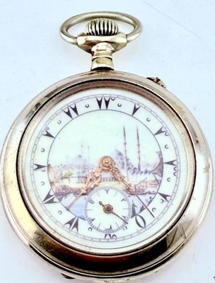 Antike Beaucourt Schweiz Taschenuhr - Emaille Osmane Moschee Zifferblatt, 6 Rubine, - Bild 1 von 4