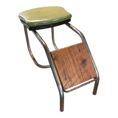 Taburete de montaje vintage de madera resistente cromado acolchado retirado zapato vendedor tienda Foto 1 de 4