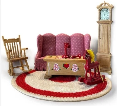 Dollhouse 1:12 Living Room Den  Sofa Chest Grandfather Clock Rocking Chair + Acc - Image 1 of 4