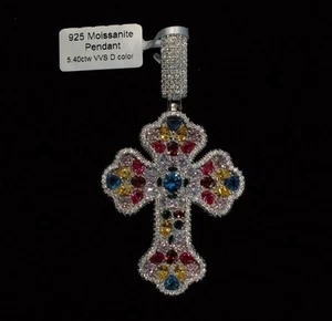 MOISSANITE Real 925 Sterling Silver Iced Hip Hop Piece Cross Pendant Necklace - Picture 1 of 3