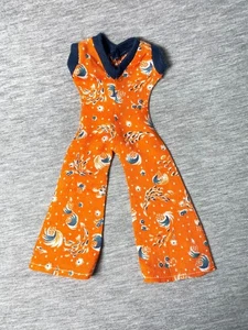 Vintage 1970s orange jumpsuit wave splash water pattern blue trim fit 12” dol - Picture 1 of 3