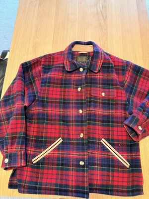 Vintage Eddie Bauer Tartan Plaid Mackinaw Wool Jacket w/Leather Trim Men's LG - Image 1 of 4