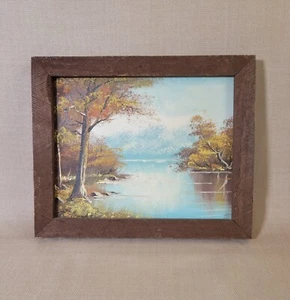 Vintage Ölgemälde Herbst Teich Bäume rustikal Holz gerahmt signiert Kunst Lodge Hütte - Bild 1 von 14