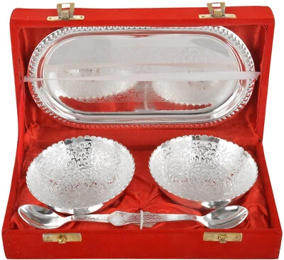 Silver Floral Single Bowl with Royal Velvet Box, (2 Bowl , 2 Spoon , Tray) - Image 1 of 2