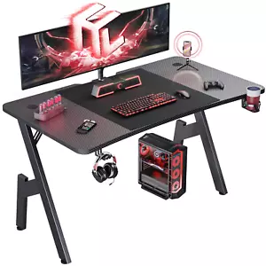 Gaming Desk Computer Gaming Table w/ Mouse Pad Cup Holder & Headphone Hook Black - Picture 1 of 17