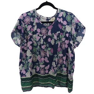 St Johns Bay Womens Top Size XL Blouse Short Sleeve Blue Purple Flowers - Picture 1 of 7