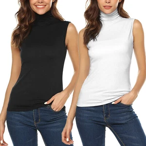 Women Sleeveless Slim Fit Turtleneck Mock Soft Shirt Tank Top Stretchy Pullover - Picture 1 of 20