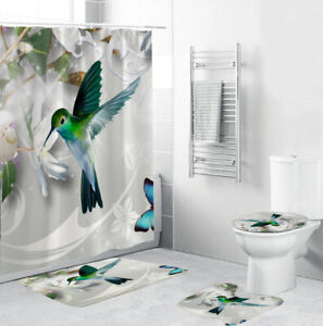 Hummingbird Bathroom Rug Set Shower Curtain Bath Mat Non-Slip Toilet Lid Cover