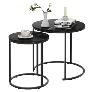 Black Marble Nesting Coffee Table For Small Place 24 In 2 Sets High Side End Sof - Picture 1 of 9