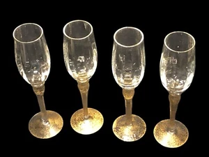Set Of 4 Gold Flecked Stem Crystal Champagne Flutes With Clear Ribbed Bowl - Picture 1 of 4