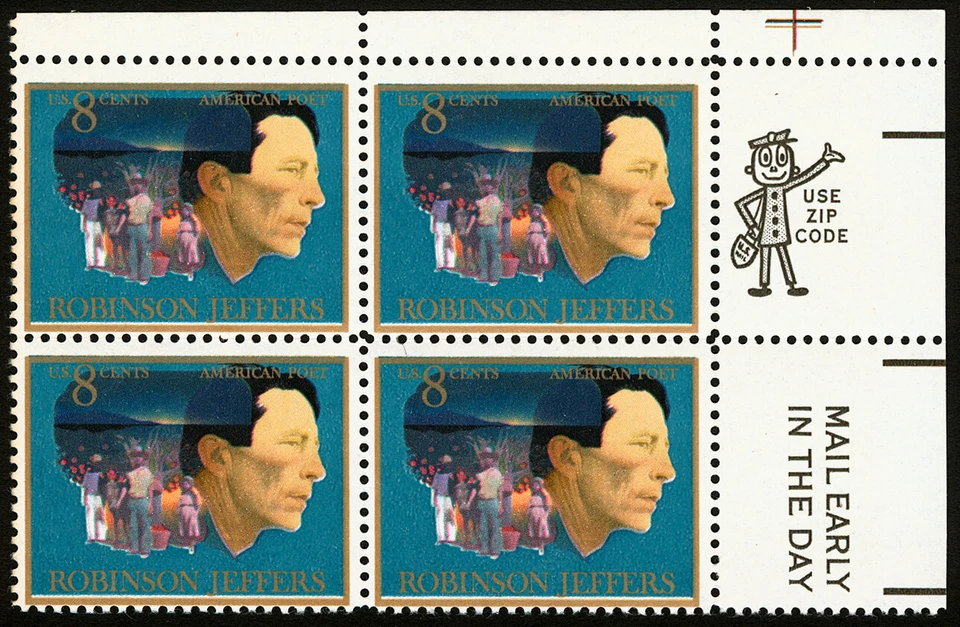 #1485 1973 8c EFO Robinson Jeffers Margin Block of 4 Color Shift Error MNH - Image 1 of 1