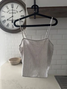 Beige Striped Sleeveless Linen Blend Top / Shirt - Size 10 - Picture 1 of 5